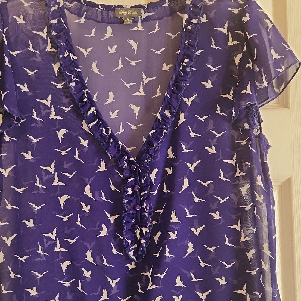 Lily Rose Purple Sheer Bird Print Blouse - Picture 2 of 9